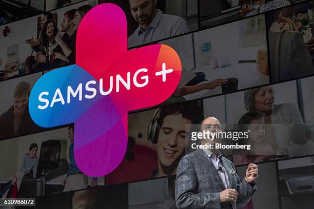 Tim Baxter, senior vice president at Samsung Electronics Co., speaks during the company's press event at the 2017 Consumer Electronics Show in Las...