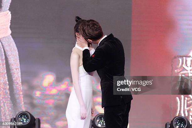 Actress Jing Tian and Ren Jialun attend the press conference of TV series "The Glory of Tang Dynasty" on January 4, 2017 in Beijing, China.