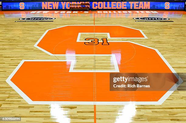 General view of the Syracuse Orange logo on Jim Boeheim Court inside the Carrier Dome prior to the game against the Miami Hurricanes on January 4,...