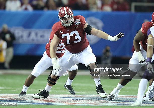 Alabama Crimson Tide offensive lineman Jonah Williams looks for a defender to block during the 2016 Chick-fil-A Peach Bowl between the Alabama...