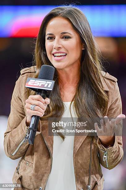 Sideline reporter Kaylee Hartung provides her opening piece to the game for the ESPN TV audience before the Sugar Bowl game between the Auburn Tigers...