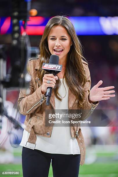 Sideline reporter Kaylee Hartung provides her opening piece to the game for the ESPN TV audience before the Sugar Bowl game between the Auburn Tigers...