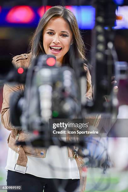 Sideline reporter Kaylee Hartung provides her opening piece to the game for the ESPN TV audience employing a jib camera before the Sugar Bowl game...