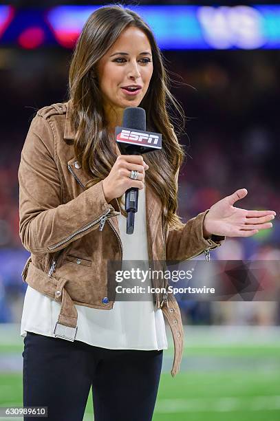 Sideline reporter Kaylee Hartung provides her opening piece to the game for the ESPN TV audience before the Sugar Bowl game between the Auburn Tigers...