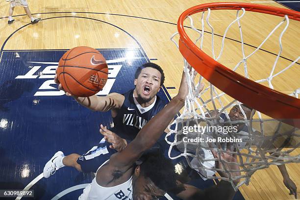 Jalen Brunson of the Villanova Wildcats goes to the basket against the Butler Bulldogs in the second half of the game at Hinkle Fieldhouse on January...