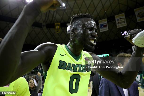 Jo Lual-Acuil Jr. #0 of the Baylor Bears celebrates after beating the Iowa State Cyclones 65-63 at Ferrell Center on January 4, 2017 in Waco, Texas.