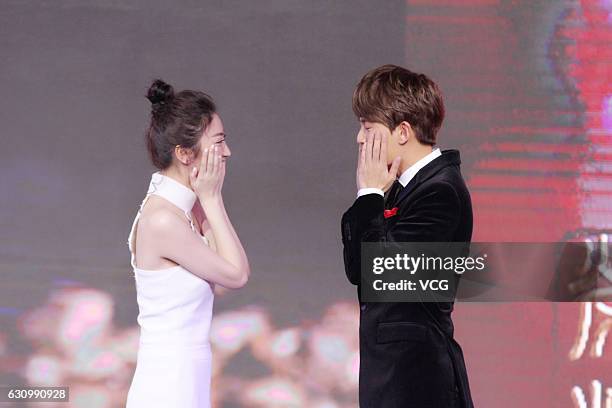 Actress Jing Tian and Ren Jialun attend the press conference of TV series "The Glory of Tang Dynasty" on January 4, 2017 in Beijing, China.