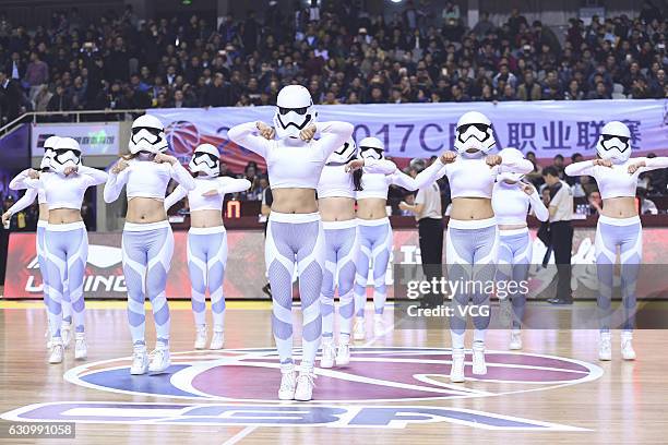 The cheering squad dressed as Star Wars' Stormtroopers perform in the game between Jiangsu Dragons and Xinjiang Flying Tigers during the 25th round...