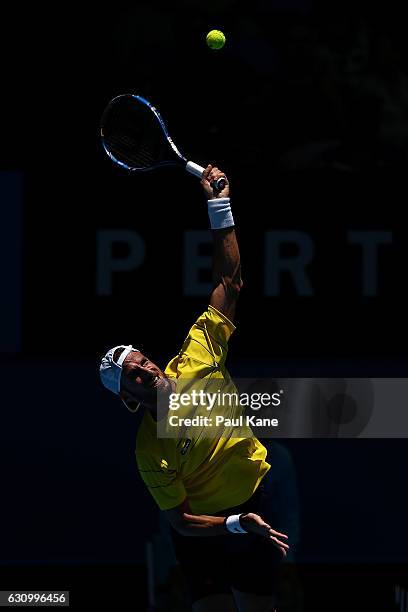 Feliciano Lopez of Spain serves to Adam Pavlasek of the Czech Republic in the men's singles match during day five of the 2017 Hopman Cup at Perth...