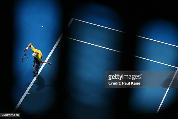 Feliciano Lopez of Spain serves to Adam Pavlasek of the Czech Republic in the men's singles match during day five of the 2017 Hopman Cup at Perth...