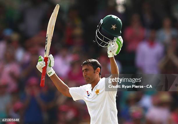 Younis Khan of Pakistan celebrates after reaching his century during day three of the Third Test match between Australia and Pakistan at Sydney...