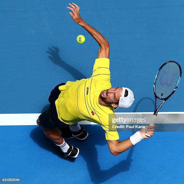 Feliciano Lopez of Spain serves to Adam Pavlasek of the Czech Republic in the men's singles match during day five of the 2017 Hopman Cup at Perth...