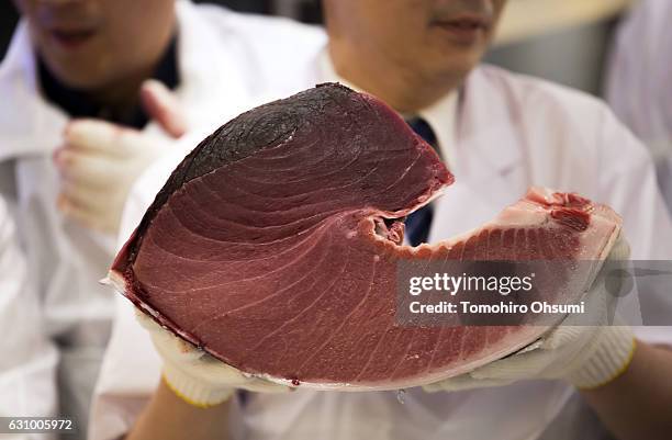 Kiyomura Co. Sushi chef holds a portion of a fresh bluefin tuna inside one of the company's Sushi Zanmai sushi restaurants after the year's first...