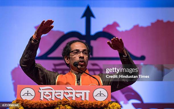 Shiv Sena Chief Uddhav Thackeray addresses during an elected represented meeting at Rangsharda Auditorium, on January 4, 2017 in Mumbai, India....