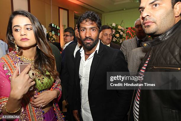 Wrestler Yogeshwar Dutt during an engagement ceremony of Hisar MP Dushyant Chautala and Meghna Ahlawat, on January 3 in Gurgaon, India. Dushyant is...