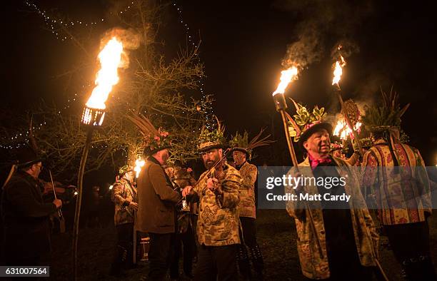 Members of the Leominster Morris lead the crowd from the Hobson Brewery in Frith Common to the nearby apple orchard to take part in a torchlit...