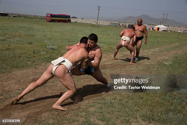 Wrestlers practice their tachi-ai at a sumo training camp on the outskirts of Ulaanbaatar, Mongolia on Tuesday, July 26, 2016. Khishigbat Ganbold is...