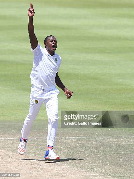 Kagiso Rabada of South Africa celebrates during day 4 of the 2nd test between South Africa and Sri Lanka at PPC Newlands on January 05, 2107 in Cape...