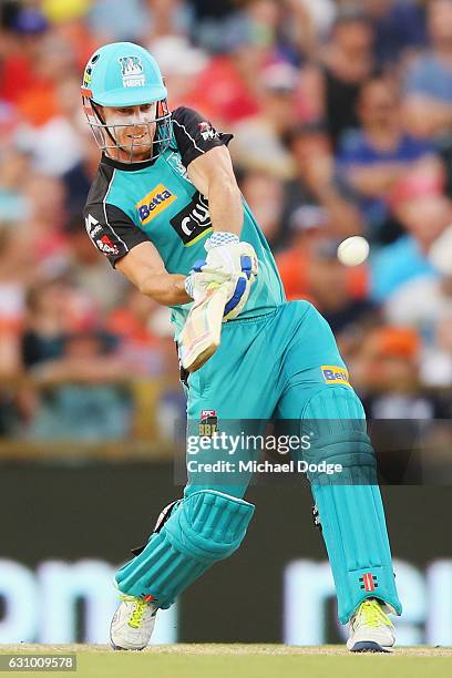 Chris Lynn of the Heat hits a six during the Big Bash League match between the Perth Scorchers and the Brisbane Heat at WACA on January 5, 2017 in...