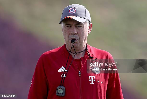 Head coach Carlo Ancelotti is seen during a training session at day 3 of the Bayern Muenchen training camp at Aspire Academy on January 5, 2017 in...