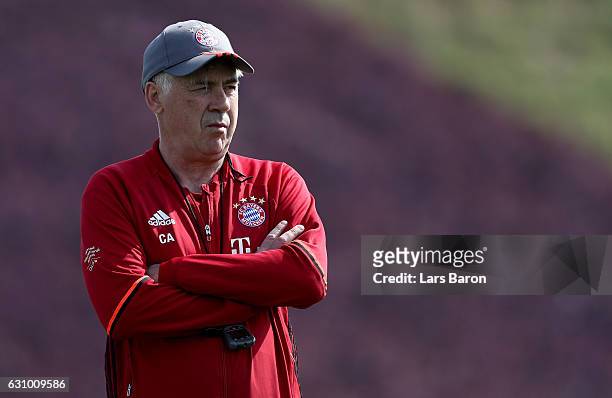 Head coach Carlo Ancelotti is seen during a training session at day 3 of the Bayern Muenchen training camp at Aspire Academy on January 5, 2017 in...