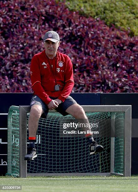 Head coach Carlo Ancelotti is seen during a training session at day 3 of the Bayern Muenchen training camp at Aspire Academy on January 5, 2017 in...