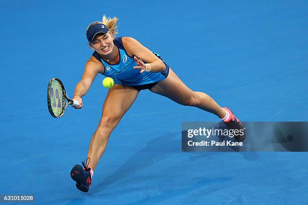 Daria Gavrilova of Australia stretches to plays a forehand against Coco Vandeweghe of the United States during the women's singles match on day five...