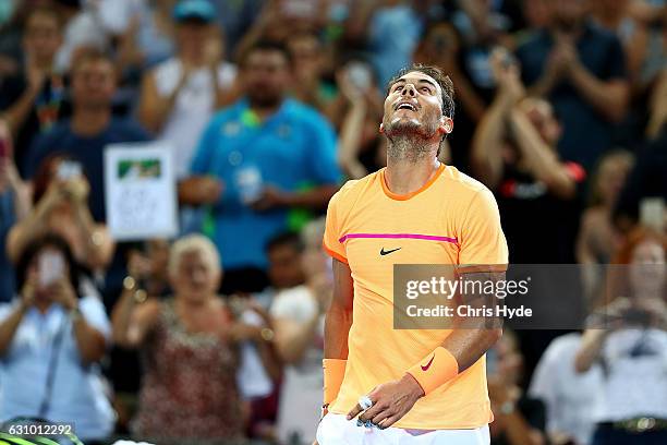 Rafael Nadal of Spain celebrates winning his quarter final match against Mischa Zverev of Germany during day five of the 2017 Brisbane International...