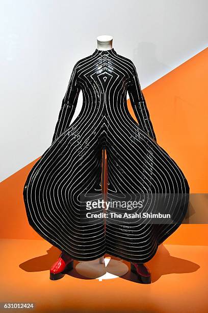Costume created by designer Kansai Yamamoto for David Bowie is displayed during the press preview of the 'David Bowie is' exhibition at Warehouse...