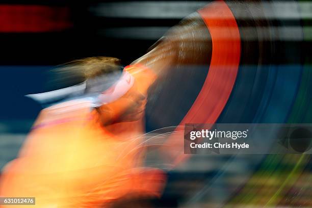 Rafael Nadal of Spain serves during his quarter final match against Mischa Zverev of Germany during day five of the 2017 Brisbane International at...