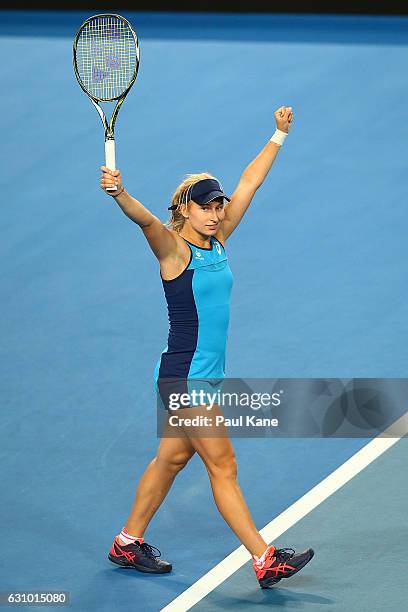 Daria Gavrilova of Australia celebrates defeating Coco Vandeweghe of the United States during the women's singles match on day five of the 2017...