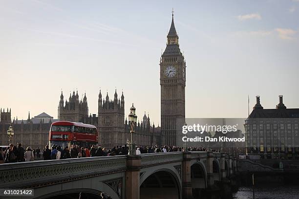 Routemaster bus drives past the Houses of Parliament in Westminster towards Waterloo on January 5, 2017 in London, England. TFL, Transport for London...