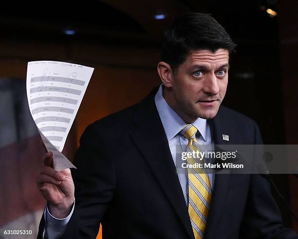 House Speaker Paul Ryan speaks to the media on repealing the Affordable Care Act, during his weekly news conference on Capitol Hill January 5, 2017...
