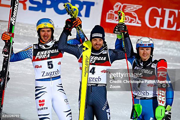 Felix Neureuther of Germany takes 2nd place, Manfred Moelgg of Italy takes 1st place, Henrik Kristoffersen of Norway takes 3rd place during the Audi...