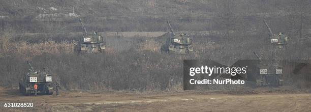 South Korean Army K-9 self-propelled howitzer fires during a military exercise at live fire range in Paju, near DMZ, South Korea. The Army said in a...