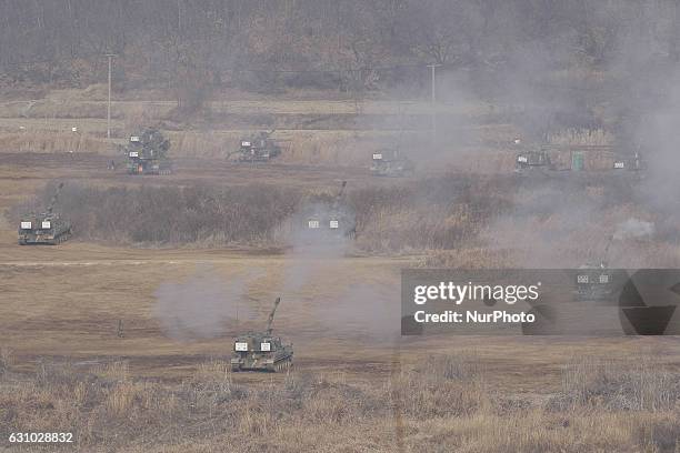 South Korean Army K-9 self-propelled howitzer fires during a military exercise at live fire range in Paju, near DMZ, South Korea. The Army said in a...