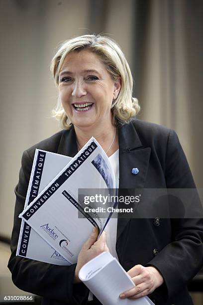 President of French far-right Front National party Marine Le Pen attends a meeting on the theme "France, country of entrepreneurs, countries of...