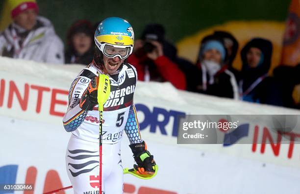 Second placed Germany's Felix Neureuther celebrates at the finish line after the second run of the World Cup FIS Slalom ski event on Sljeme mountain,...