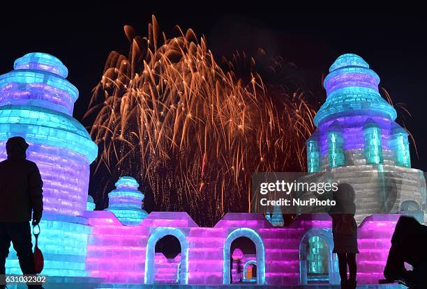 People visit ice sculptures illuminated by coloured lights at the Harbin Harbin Ice &amp; Snow world to celebrate the 18th Harbin Ice &amp; Snow...