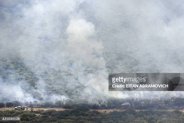 Aerial view of a wildfire in La Adela, La Pampa province, Argentina on January 05, 2017. Firefighters in Argentina are struggling to control a series...