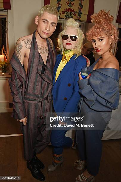 Kyle De'volle, Pam Hogg and Raye attend a drinks reception hosted by Dame Vivienne Westwood and The British Fashion Council to celebrate London...