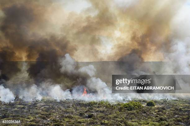 Aerial view of a wildfire in La Adela, La Pampa province, Argentina on January 05, 2017. Firefighters in Argentina are struggling to control a series...