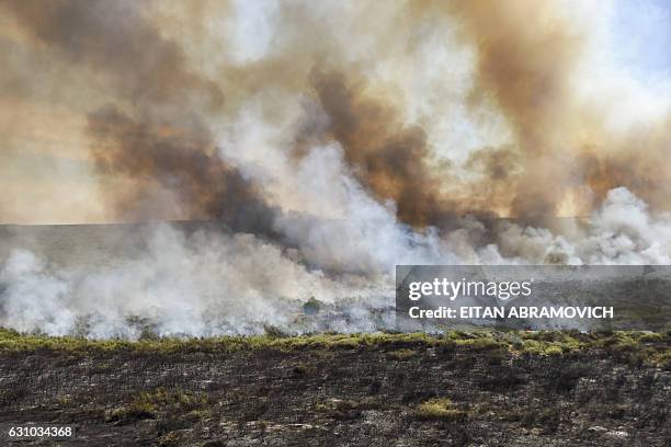 Aerial view of a wildfire in La Adela, La Pampa province, Argentina on January 05, 2017. Firefighters in Argentina are struggling to control a series...