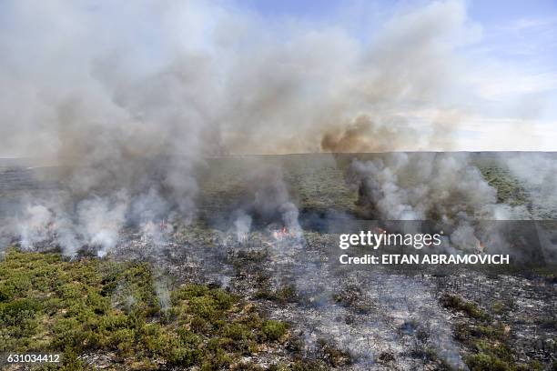 Aerial view of a wildfire in La Adela, La Pampa province, Argentina on January 05, 2017. Firefighters in Argentina are struggling to control a series...