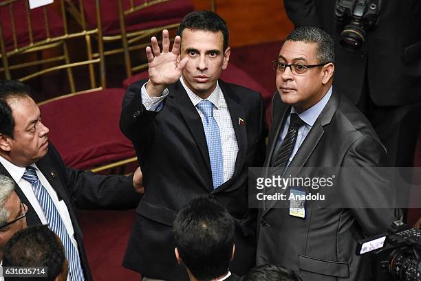 Opposition leader and Miranda State Gouvernor Henrique Capriles waves to the crowd inside the National Assembly in Caracas, Venezuela on January 05,...