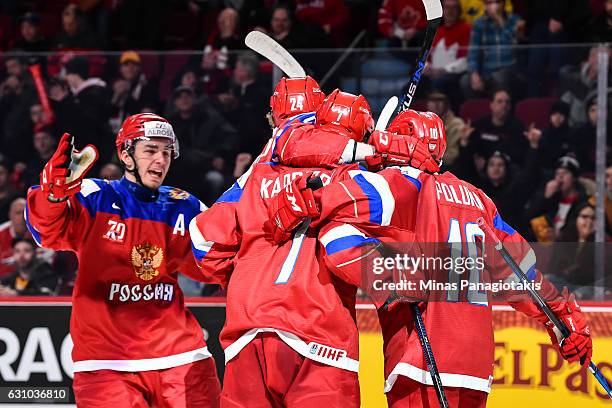 Kirill Kaprizov of Team Russia celebrates a goal with teammates during the 2017 IIHF World Junior Championship bronze medal game against Team Sweden...