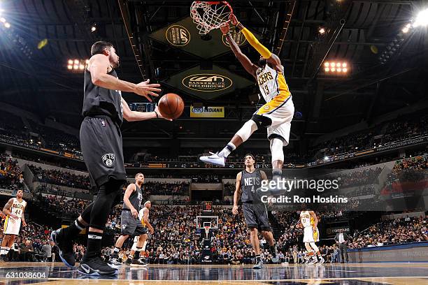 Paul George of the Indiana Pacers dunks the ball during the game against the Brooklyn Nets on January 5, 2017 at Bankers Life Fieldhouse in...