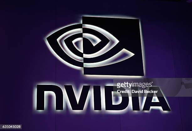 An illuminated sign at the Nvidia booth is seen at CES 2017 at the Las Vegas Convention Center on January 5, 2017 in Las Vegas, Nevada. CES, the...
