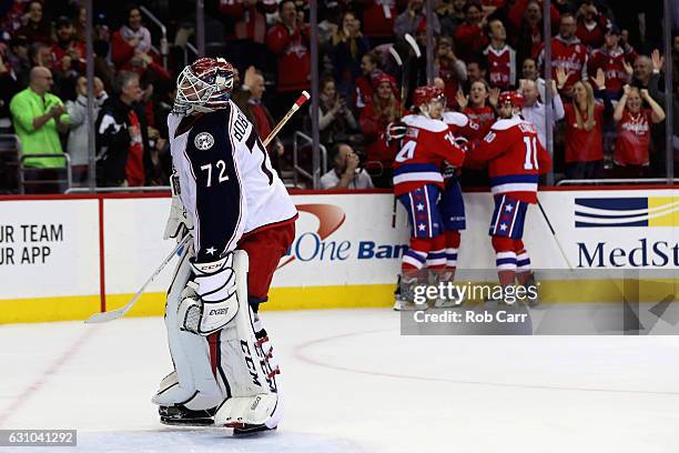 Goalie Sergei Bobrovsky of the Columbus Blue Jackets reacts after giving up the fourth goal of the game to the Washington Capitals in the second...