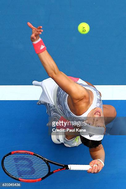Andrea Petkovic of Germany serves to Heather Watson of Great Britain in the women's singles match during day six of the 2017 Hopman Cup at Perth...